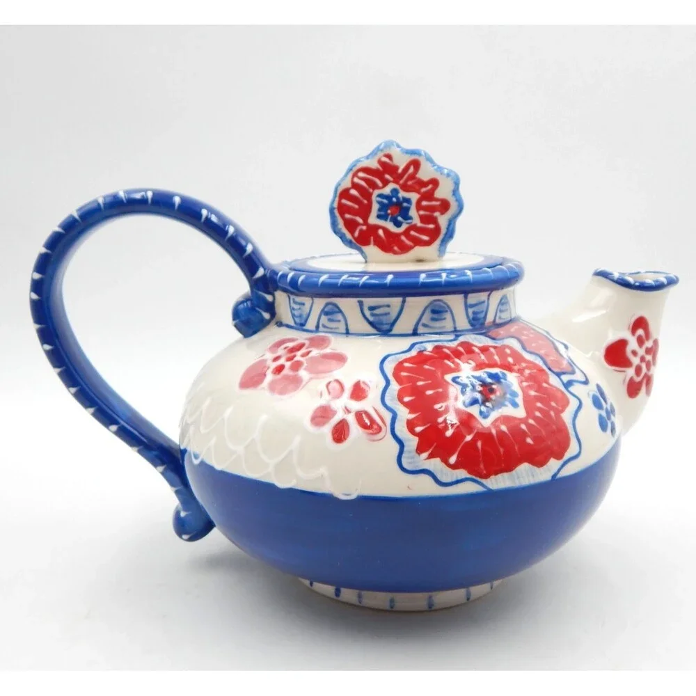 Blue Sky Ceramics Cambria Poppy Teapot Heather Goldminc 2012 Red White Blue